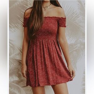 Brandy Melville Caley smocked off the shoulder red floral dress